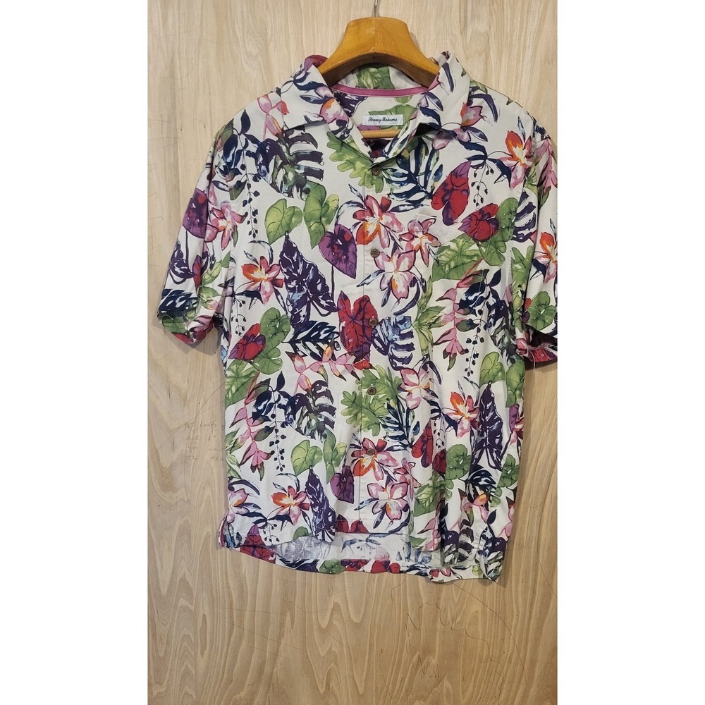 Tommy Bahama IslandZone Mens‎ XL Tropical Floral Camp Shirt White Short Sleeve